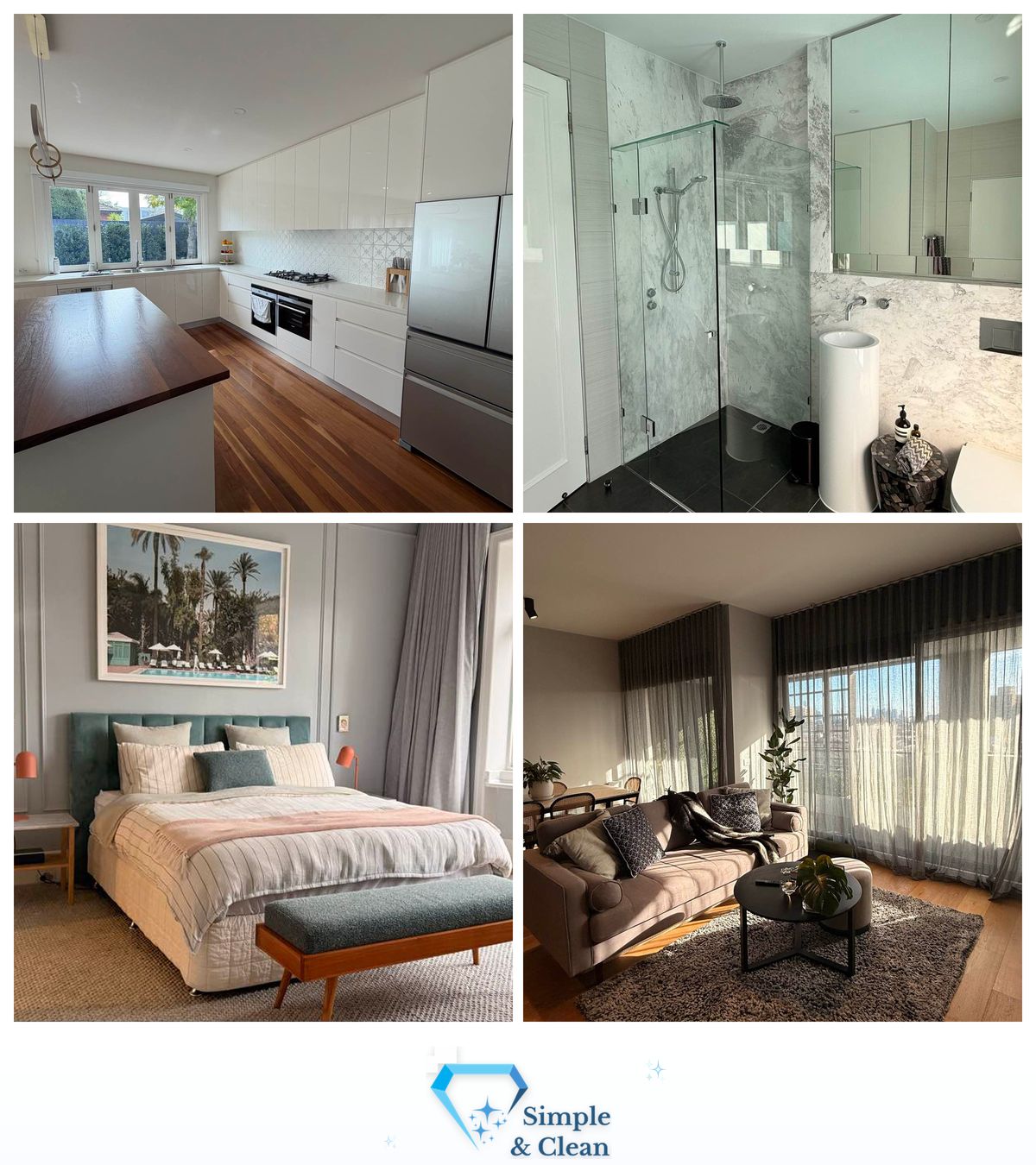 A collage of real Simple & Clean home cleans: a kitchen, a bathroom, a living room and a bedroom