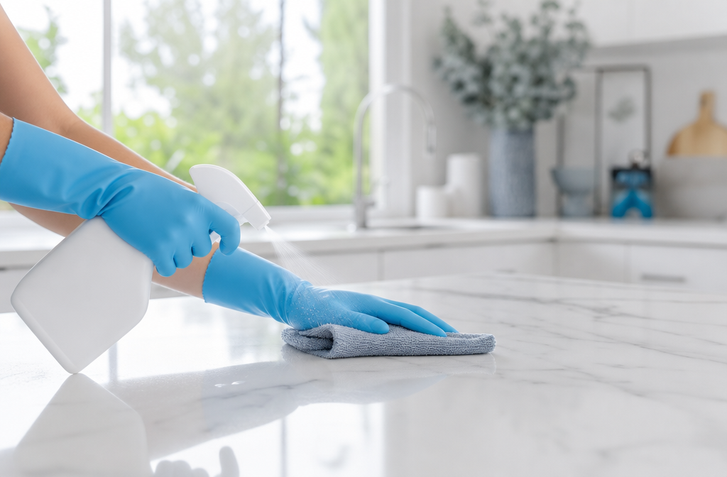 A cleaner in blue gloves wiping a white marble kitchen benchtop